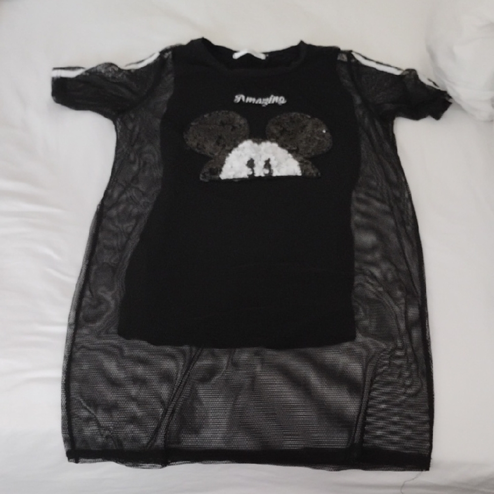 Chic Black Mesh Mini Dress with Sequins And Mickey Mouse